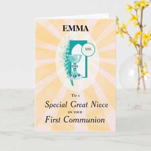 Great Niece Erste Kommune Chalice Rays Karte (Gelbe Blume)