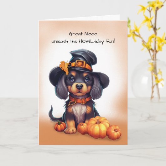 Great Niece Halloween Niedlicher Black Dog Tragehu Karte (Gelbe Blume)