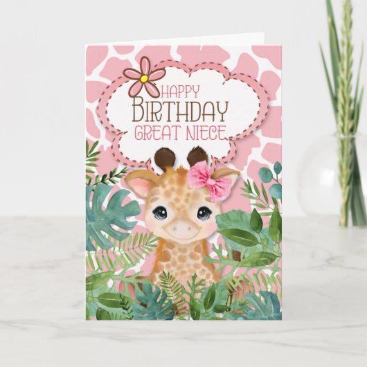 Great Niece Pink Jungle Giraffe Thema Geburtstag Karte (Vorderseite)