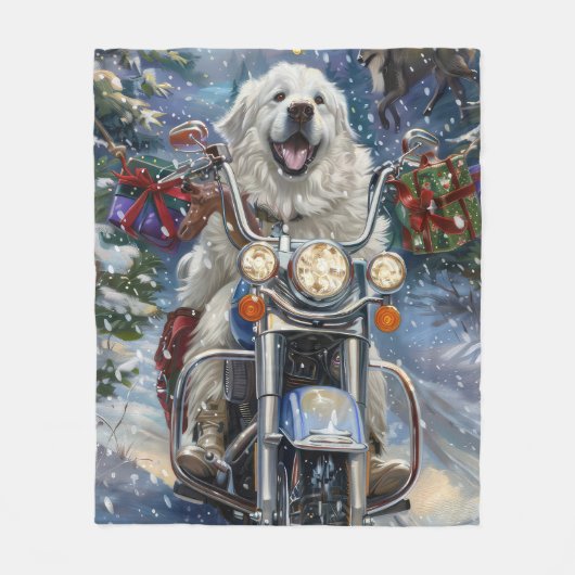 Great Pyrenäen Dog Riding Motorrad Weihnachten Fleecedecke (Vorderseite)