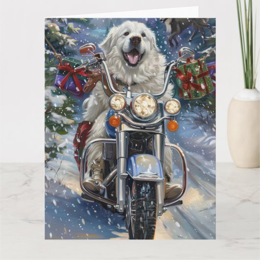 Great Pyrenäen Dog Riding Motorrad Weihnachten Karte (Vorderseite)