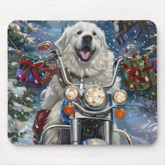 Great Pyrenäen Dog Riding Motorrad Weihnachten Mousepad (Vorne)