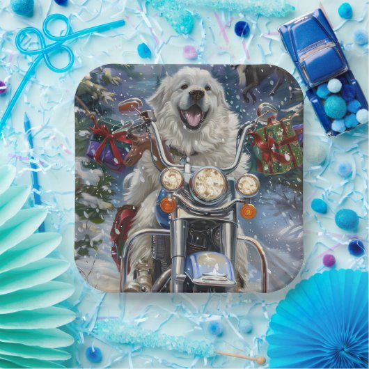 Great Pyrenäen Dog Riding Motorrad Weihnachten Pappteller (Party)