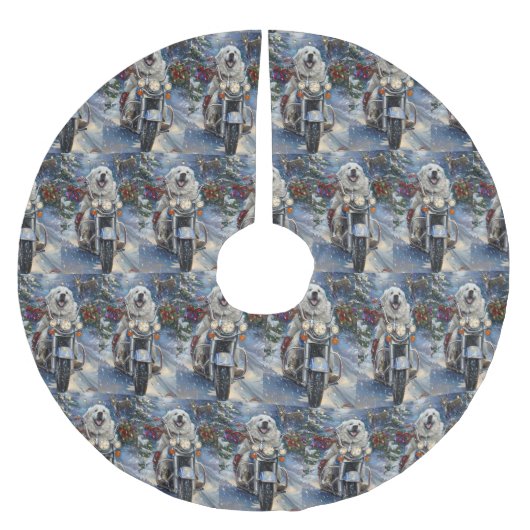 Great Pyrenäen Dog Riding Motorrad Weihnachten Polyester Weihnachtsbaumdecke (Vorderseite)