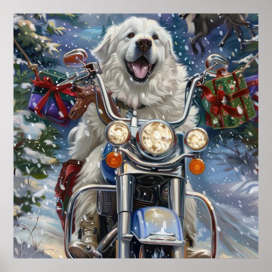Great Pyrenäen Dog Riding Motorrad Weihnachten Poster (Vorne)
