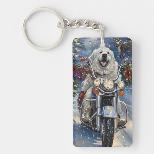 Great Pyrenäen Dog Riding Motorrad Weihnachten Schlüsselanhänger (Vorderseite)