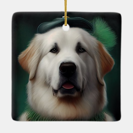 Great Pyrenäen Hund in St. Patrick's Day Dress Keramikornament (Rückseite)