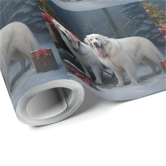 Great Pyrenäen Snowy Sleigh Weihnachtsdekor Geschenkpapier (Rolleneckpunkt)