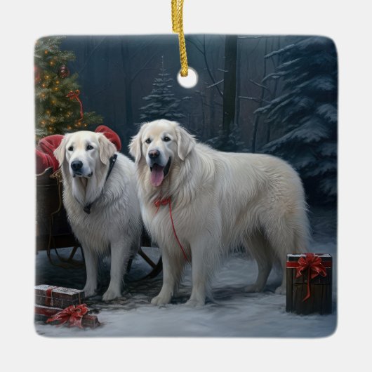 Great Pyrenäen Snowy Sleigh Weihnachtsdekor Keramikornament (Vorderseite)