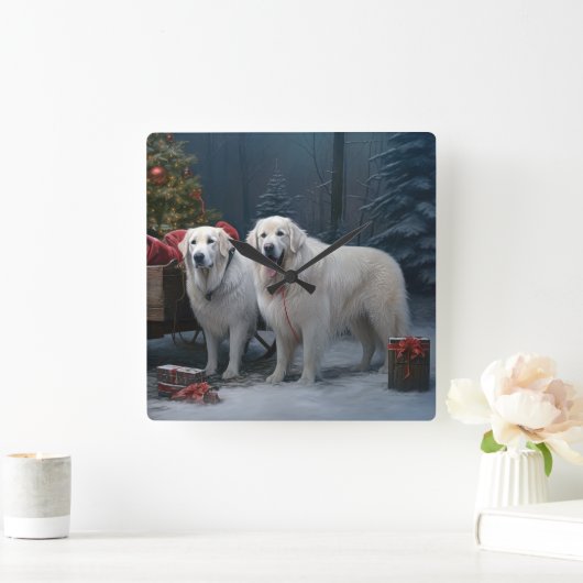 Great Pyrenäen Snowy Sleigh Weihnachtsdekor Quadratische Wanduhr (Zuhause)