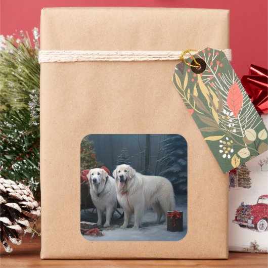 Great Pyrenäen Snowy Sleigh Weihnachtsdekor Quadratischer Aufkleber (Feiertag)