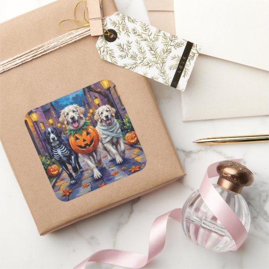 Great Pyrenäen Trick-or-Treating Halloween-Kostüm Quadratischer Aufkleber (Schenken)