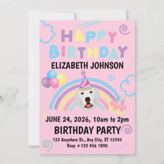 Great Pyrenees Birthday Invitation Pink Einladung (Vorderseite)