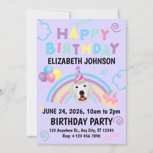 Great Pyrenees Birthday Invitation Purple Einladung (Vorderseite)