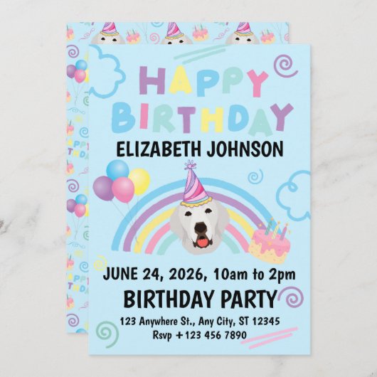 Great Pyrenees Birthday Party Invitation Blue Einladung (Vorne/Hinten)