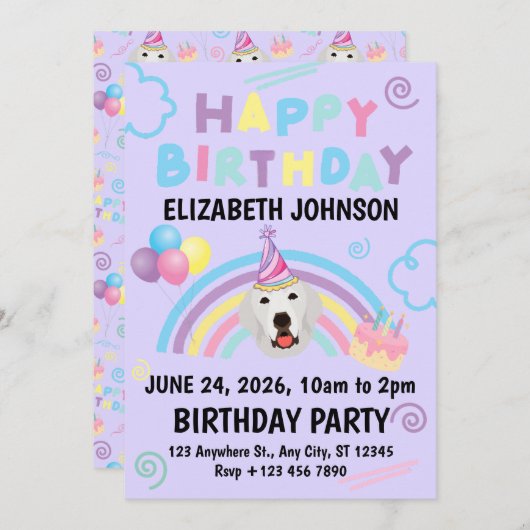 Great Pyrenees Birthday Party Invitation Purple Einladung (Vorne/Hinten)