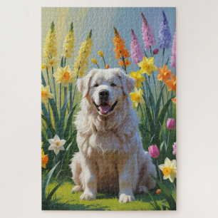Great Pyrenees Hund Frühlingsblumen Malerei Puzzle