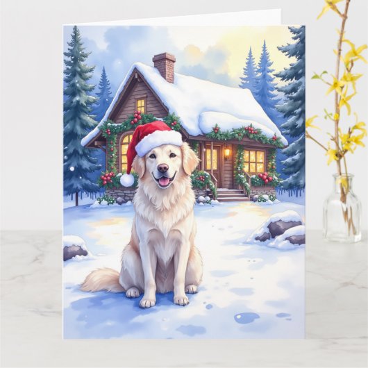 Great Pyrenees Snowy Mountain Lodge Santa Hat Karte (Gelbe Blume)