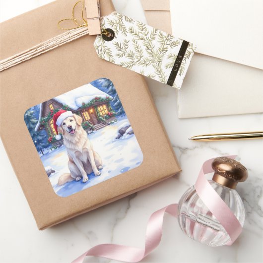 Great Pyrenees Snowy Mountain Lodge Santa Hat Quadratischer Aufkleber (Schenken)