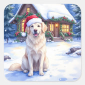 Great Pyrenees Snowy Mountain Lodge Santa Hat Quadratischer Aufkleber (Vorderseite)
