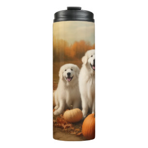 Great Pyrenees Welpe Herbstfreude Kürbis  Thermosbecher