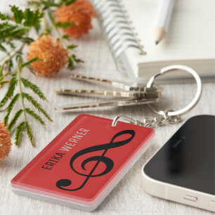 great red musical key chain with name and initials schlüsselanhänger