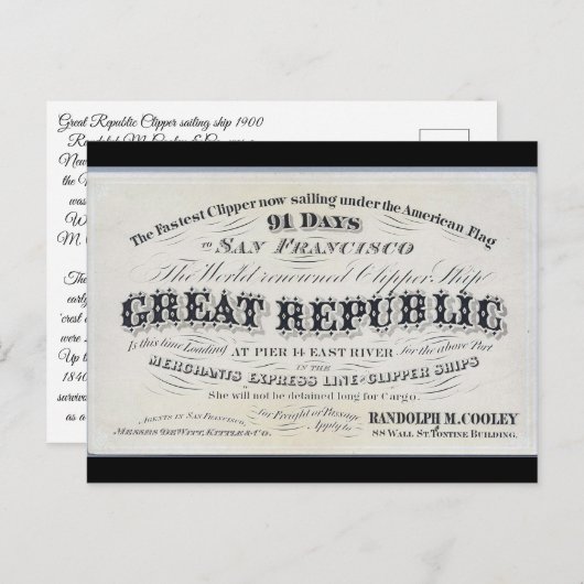 Great Republic Clipper Segelschiff 1900 Postkarte (Vorne/Hinten)