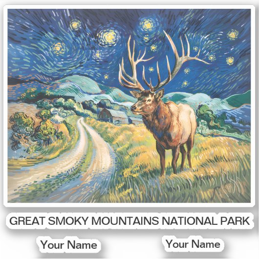 Great Smoky Mountains Wildlife Elk Retro Van Gogh Aufkleber (Vorderseite)