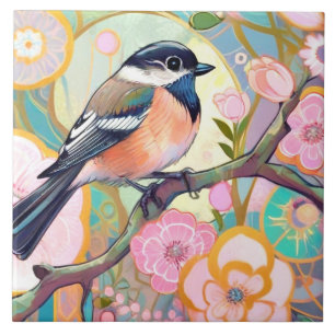 Great Tit Bird Chickadee Pink Blume Floral Fliese