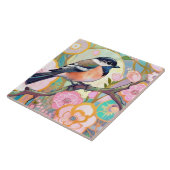 Great Tit Bird Chickadee Pink Blume Floral Fliese (Seite)