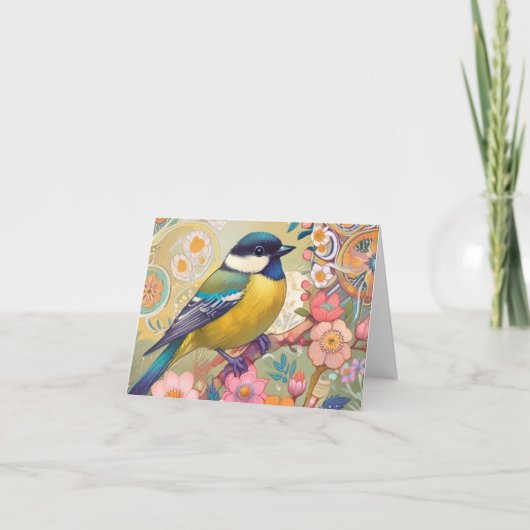Great Tit Chickadee Bird farbenfrohe Blume Dankeskarte (Vorderseite)