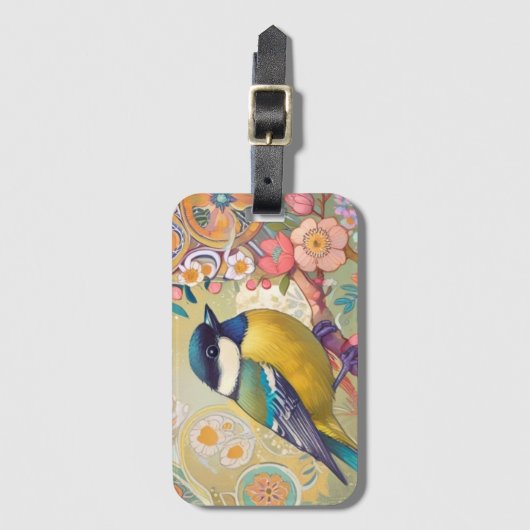 Great Tit Chickadee Bird farbenfrohe Blume Gepäckanhänger (Vorderseite Vertikal)