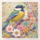 Great Tit Chickadee Bird farbenfrohe Blume Glasuntersetzer (Vorderseite)