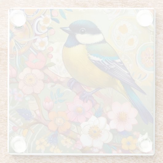 Great Tit Chickadee Bird farbenfrohe Blume Glasuntersetzer (Rückseite)