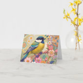 Great Tit Chickadee Bird farbenfrohe Blume Karte (Gelbe Blume)