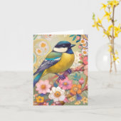 Great Tit Chickadee Bird farbenfrohe Blume Karte (Gelbe Blume)