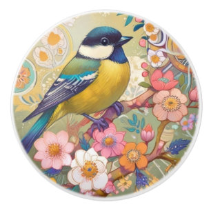 Great Tit Chickadee Bird farbenfrohe Blume Keramikknauf