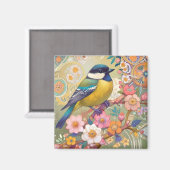 Great Tit Chickadee Bird farbenfrohe Blume Magnet (Vorderseite/Rückseite)