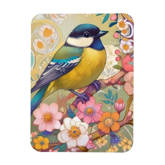 Great Tit Chickadee Bird farbenfrohe Blume Magnet (Vertikal)