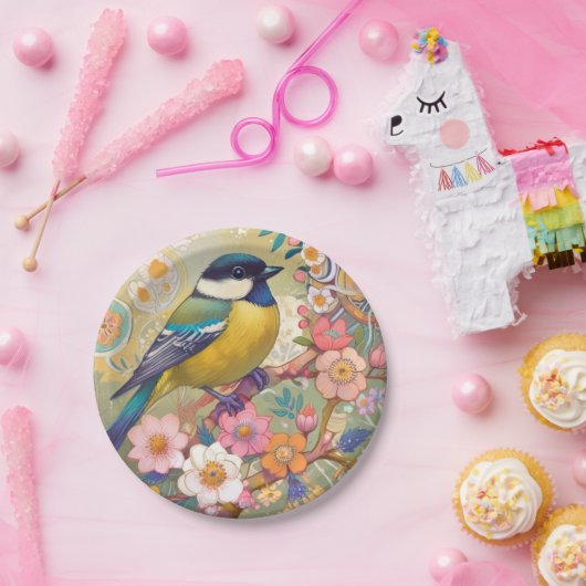 Great Tit Chickadee Bird farbenfrohe Blume Pappteller (Party)