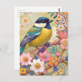 Great Tit Chickadee Bird farbenfrohe Blume Postkarte (Vorne/Hinten)