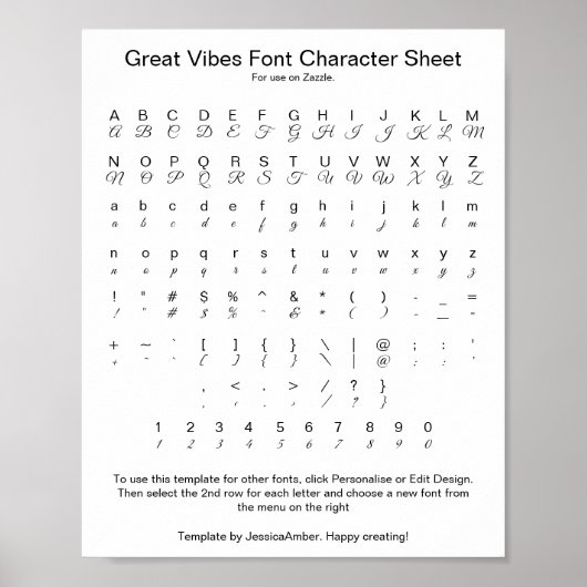 Great Vibes Schriftart Character Sheet for Zazzle Poster (Vorne)