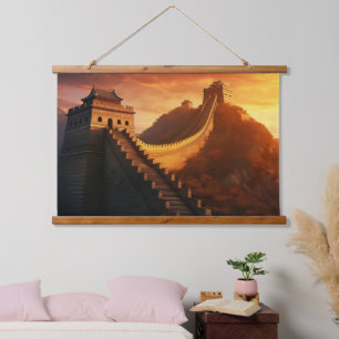 Great Wall of China Sunset - Majestic Wandteppich Mit Holzrahmen