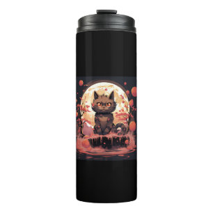 Great Wave and Sakura_ Halloween Black Cat Art Thermosbecher