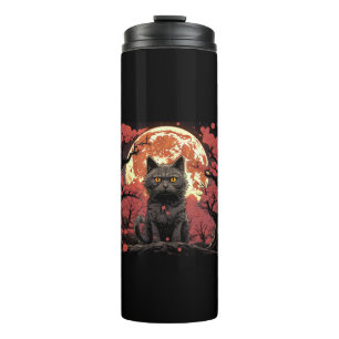 Great Wave Halloween_ Black Cat, Pumpkins, Sakura Thermosbecher