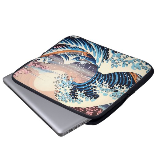 Great Wave inspiriert rosa Sakura Ästhetik Laptopschutzhülle (Vorne Knopf)