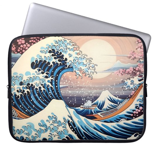 Great Wave inspiriert rosa Sakura Ästhetik Laptopschutzhülle (Vorderseite)