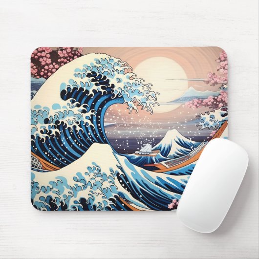 Great Wave inspiriert rosa Sakura Ästhetik Mousepad (Mit Mouse)