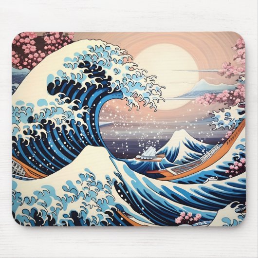 Great Wave inspiriert rosa Sakura Ästhetik Mousepad (Vorne)