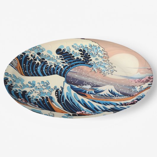 Great Wave inspiriert rosa Sakura Ästhetik Pappteller (Schrägansicht)